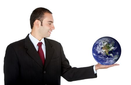 business man holding the world in his hands - isolated over a white background