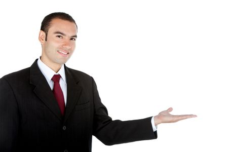 Business man displaying something with his hand - isolated