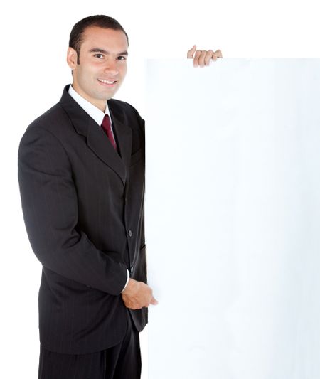 Business man holding a banner - isolated over a white background