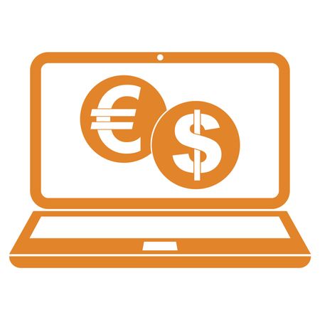 Vector Illustration of a Laptop with Euro & Dollar Symbols Icon in Orange
