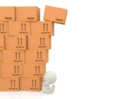 Frustrated 3D man leaning on cardboard boxes - isolated