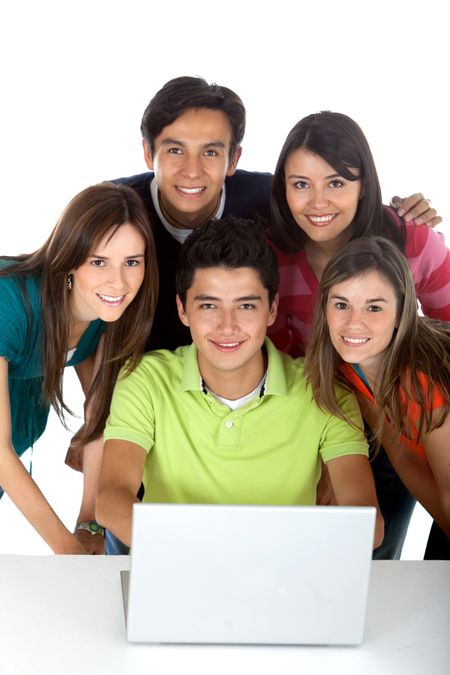 Group of young people with a laptop computer - isolated over white