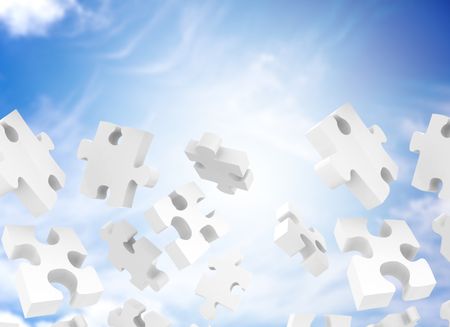 Illustration of puzzle pieces falling with the sky on the background