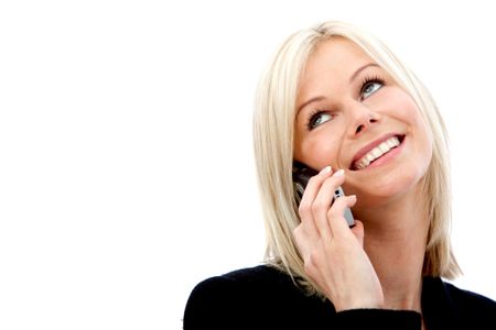 Business woman portrait talking on the phone - isolated over white