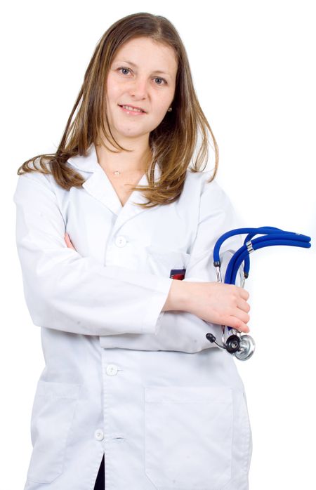 caucasian female doctor smiling - isolated over a white background