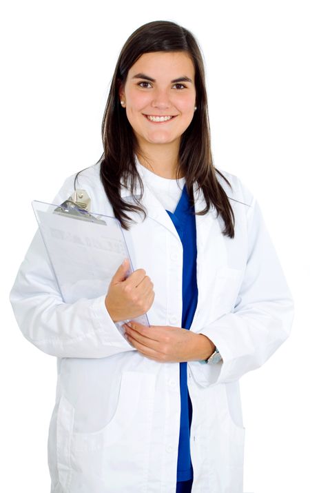 friendly female doctor portrait - smiling over a white background