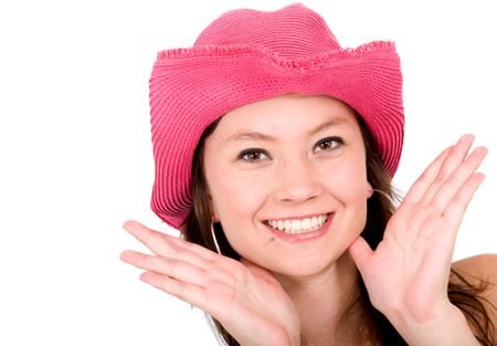 fashion woman portrait where she is smiling over a white background and wearing a pink hat