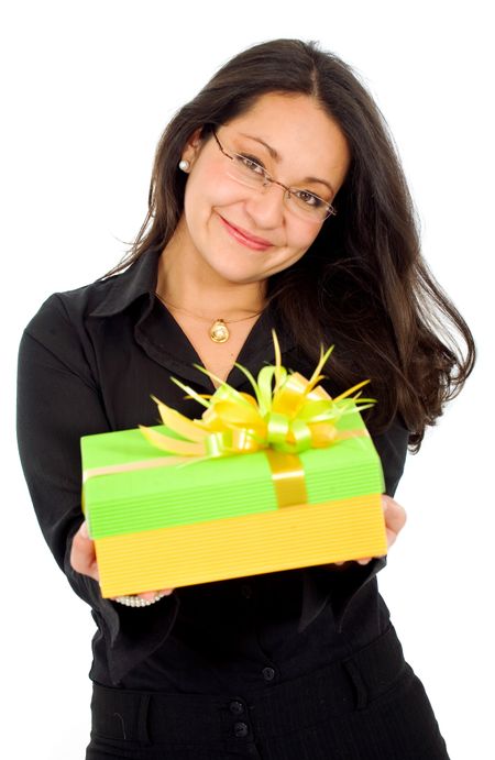 business woman with a gift isolated over a white background