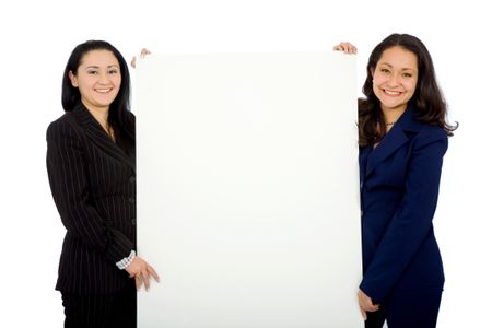 business women doing a presentation smiling and isolated over a white background