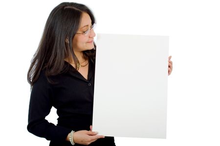 business woman holding a cardboard isolated over a white background