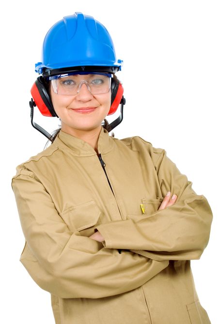 female manual worker smiling - isolated over a white background