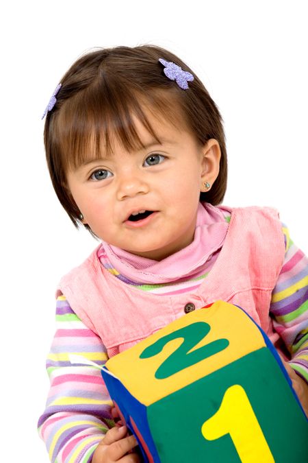 early learning girl in pink isolated over a white background