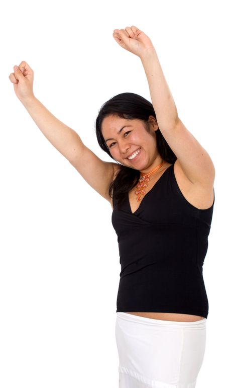 business woman happy with her success - isolated over a white background