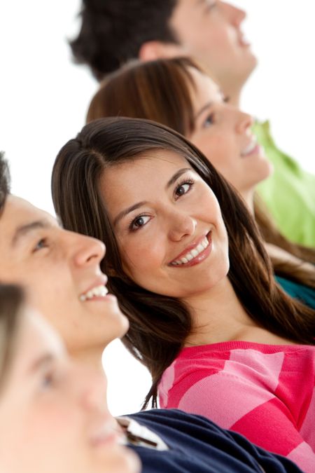 Casual group of people in a row - isolated over a white background