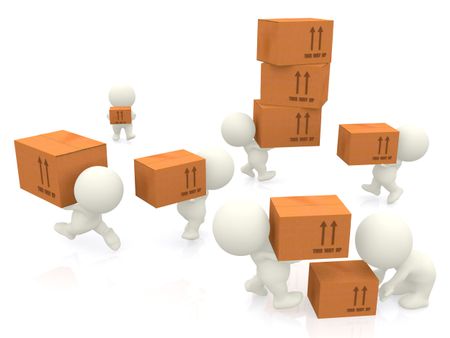 3D people carrying cardboard boxes - isolated over a white background
