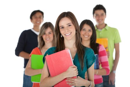 Female student with a group, holding notebooks - isolated over white