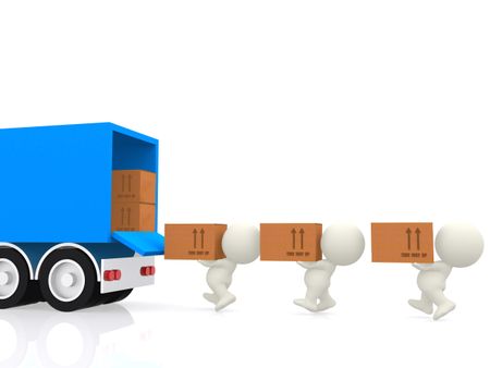 3D people carrying cardboard boxes to a truck - isolated over a white background