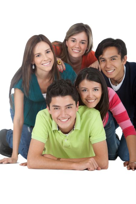 Happy group of young people - isolated over a white background