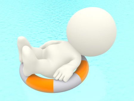 3D man with lifesaver relaxing in a swimming pool