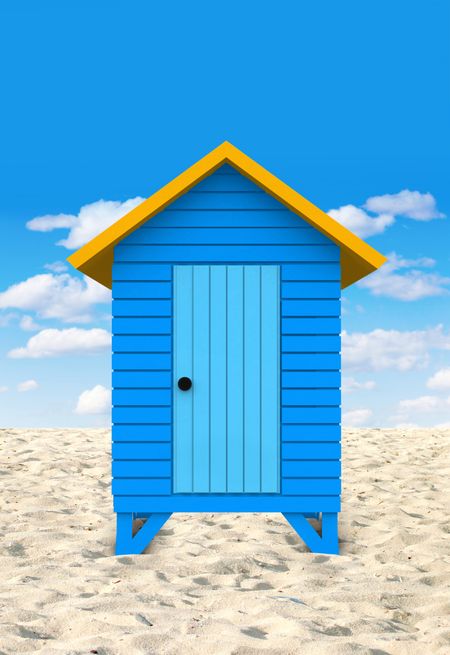 3D blue beach hut in a sunny summery day