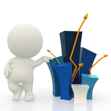 3D guy with a bar graph showing growth - isolated over white