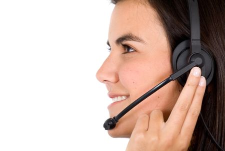 customer service girl smiling with hand on headset - isolated over a white background