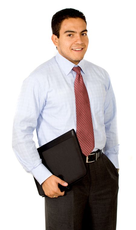 confident business man portrait with a folder in his arm - isolated over a white background