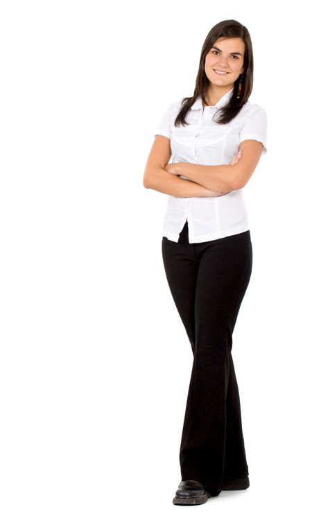 confident business woman standing wearing elegant clothes - isolated over a white background