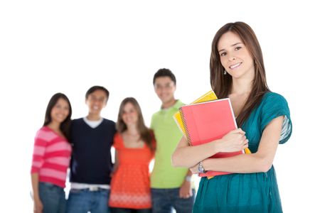 Female student with a group holding notebooks - isolated over white