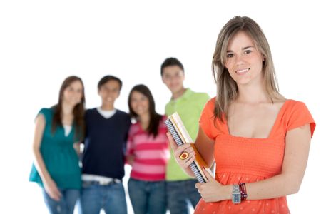 Female student with a group holding notebooks - isolated over white