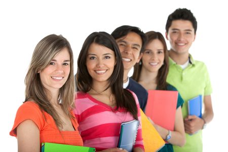 Group of students in a row holding notebooks ? isolated over a white background