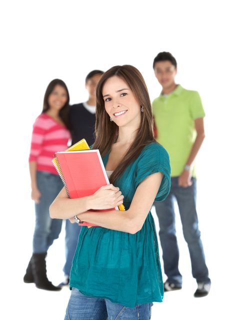 Female student with a group holding notebooks - isolated over white
