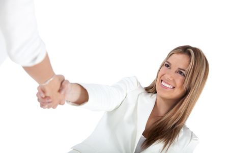 Business woman handshaking with an other person - isolate dover a white background