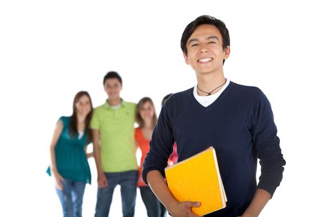 Male student with a group holding notebooks - isolated over white