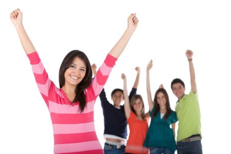 Happy woman with a group and arms up - isolated over a white background