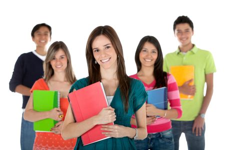Group of students holding notebooks ? isolated over a white background