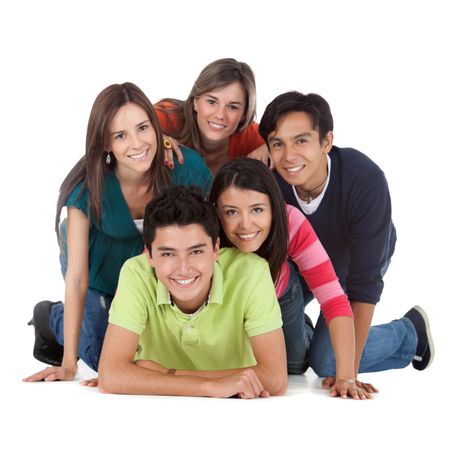 Group of young people lying on the floor - isolated over a white background