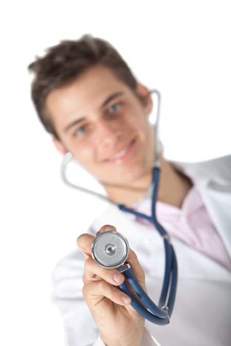Young male doctor displaying a stethoscope - isolated over a white background