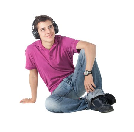 Man with headphones listening to music - isolated over a white background