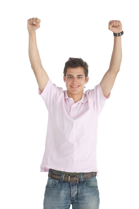 Happy man with arms up - isolated over a white background