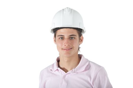 Construction worker wearing a helmet - isolated over a white background