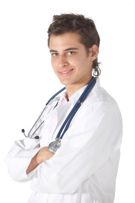 Young male doctor with arms crossed - isolated over a white background