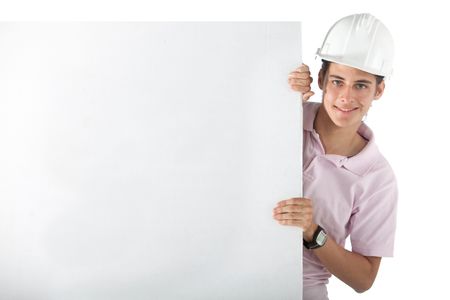 Engineer holding a banner - isolated over a white background