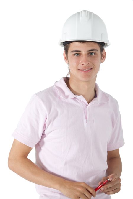 Construction worker wearing a helmet - isolated over a white background