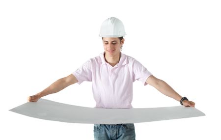 Engineer holding a cardboard to place a model - isolated over a white background