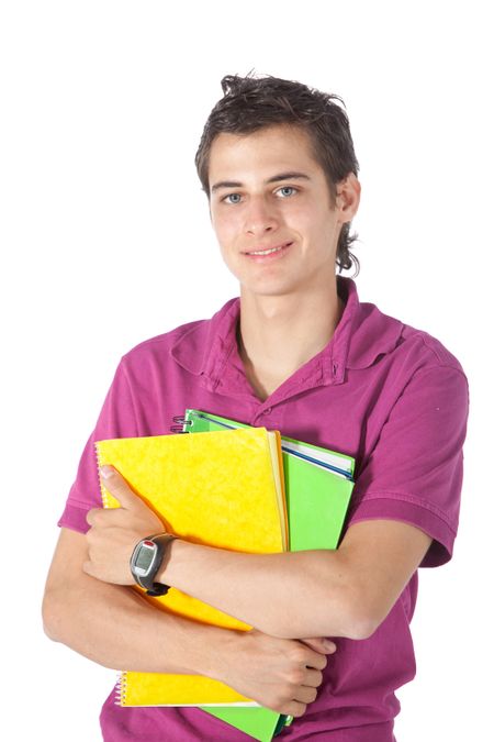 Male student holding some notebooks - isolated over a white background