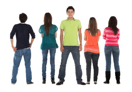 Happy man smiling to the camera with a group facing backwards - isolated