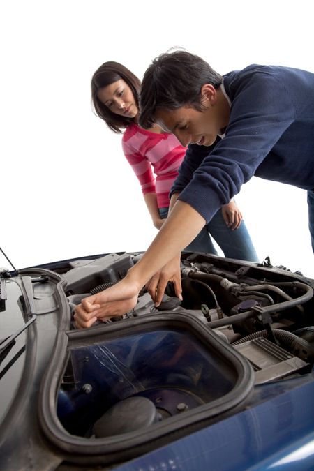 Couple having troubles with the car - isolated over a white background