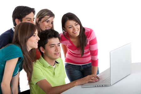 Group of people with a laptop - isolated over a white background