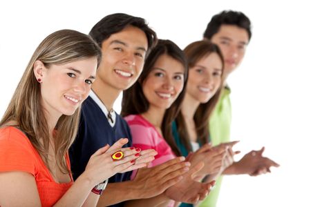 Casual group of people in a row applauding - isolated over a white background